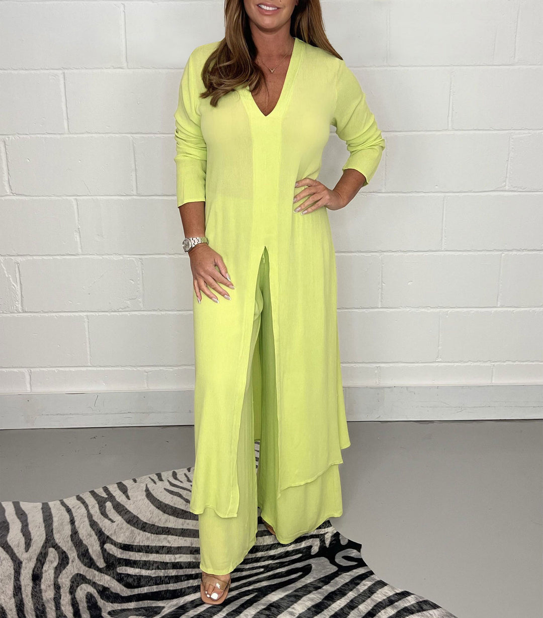 Damen Langes V‑Ausschnitt Tunika‑Kleid mit Frontschlitz und weiter Palazzohose Drune