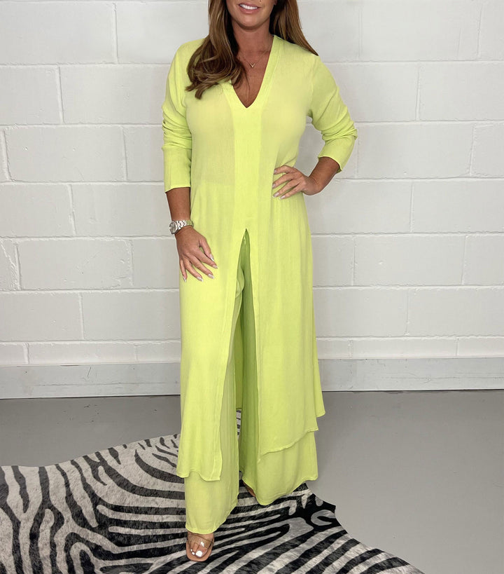 Damen Langes V‑Ausschnitt Tunika‑Kleid mit Frontschlitz und weiter Palazzohose Drune