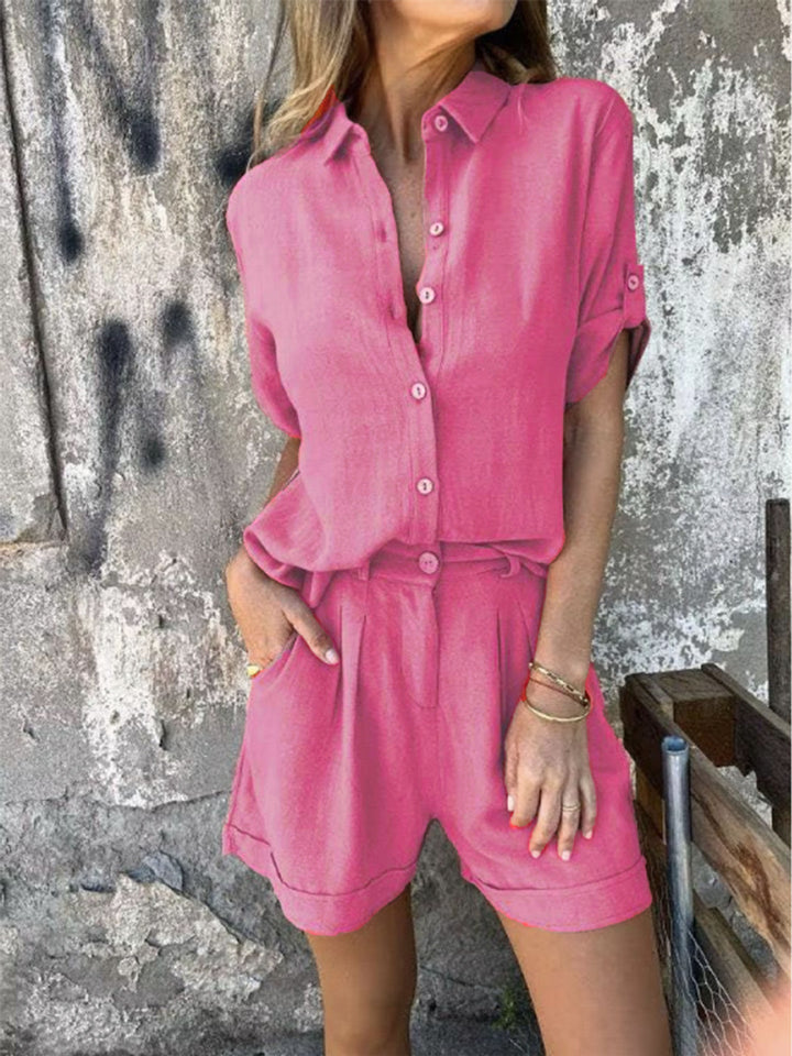 Damen Elegantes Kurzarm-Jumpsuit aus atmungsaktivem Stoff mit praktischen Taschen Drune
