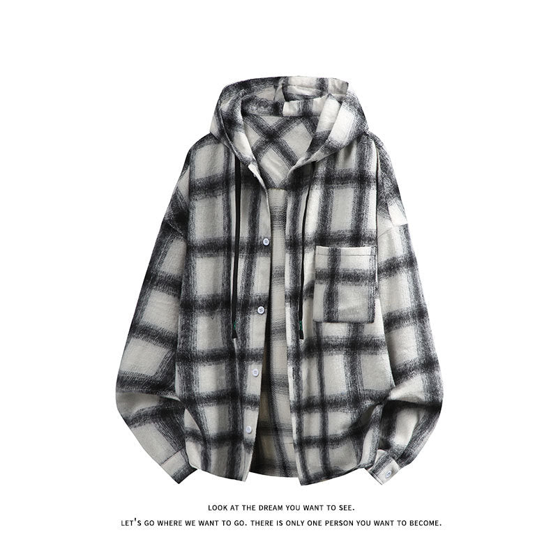 Unisex nan oversized Kapuzen-Hemdjacke aus Flanell mit Karomuster und Brusttasche Drune
