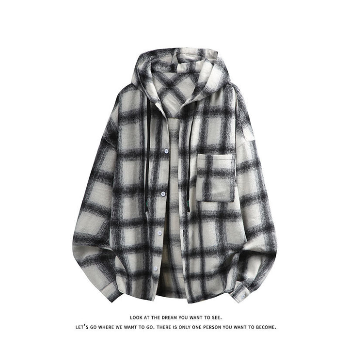 Unisex nan oversized Kapuzen-Hemdjacke aus Flanell mit Karomuster und Brusttasche Drune