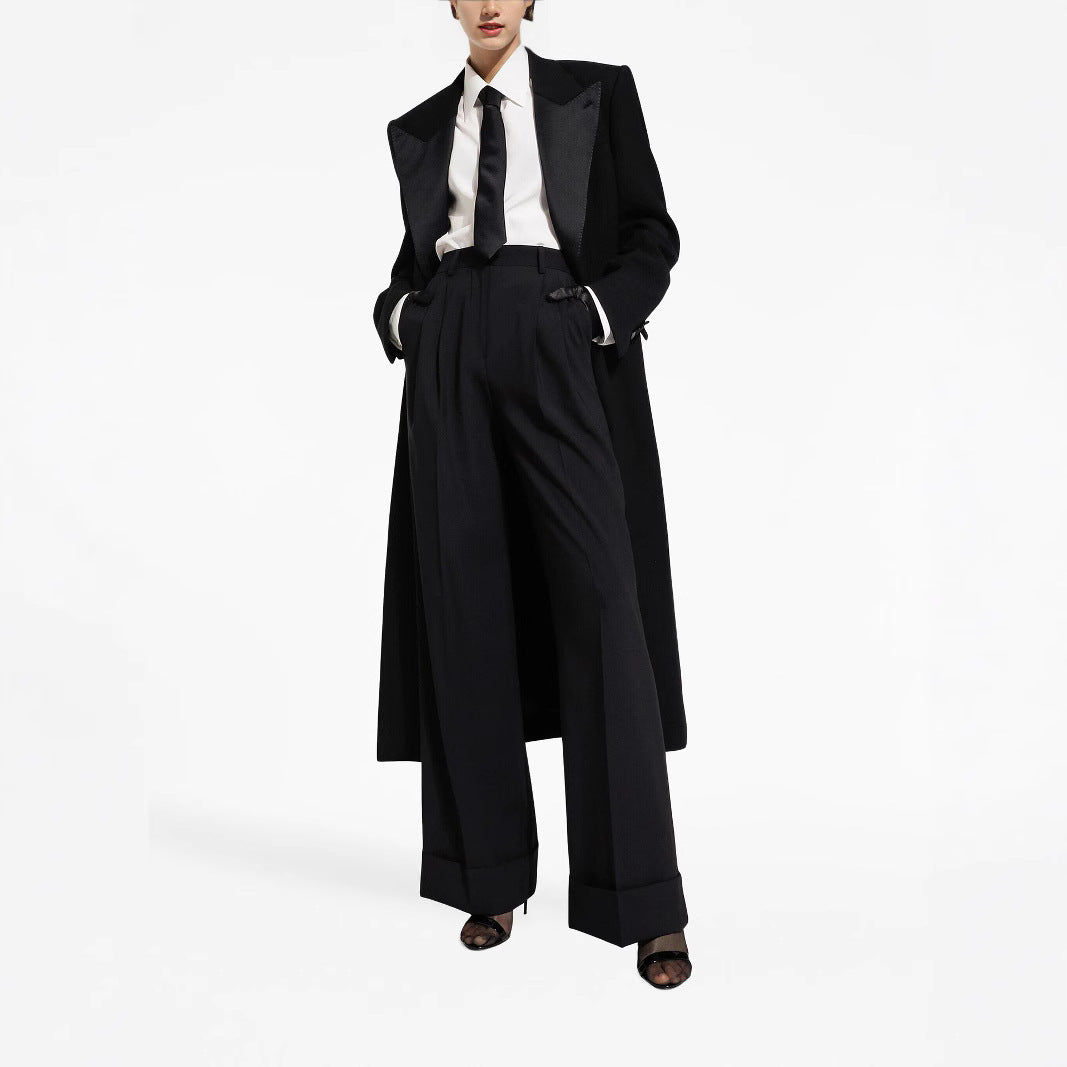 Damen Eleganter Smoking-Hosenanzug mit langem Mantel und weiten Bundfaltenhosen Drune