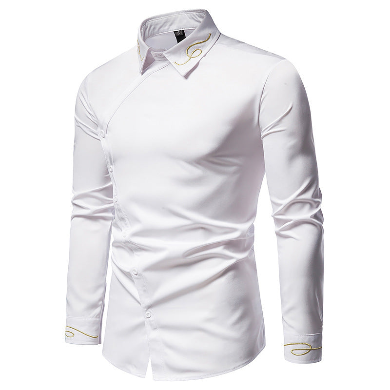 Herren Elegantes Langarmhemd mit asymmetrischem Knopfdesign und gesticktem Kragen Drune
