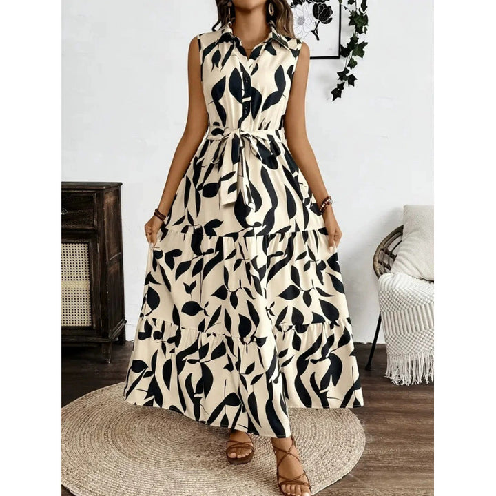 Damen Maxikleid mit geschichtetem Rock und elegantem Taillengürtel Drune