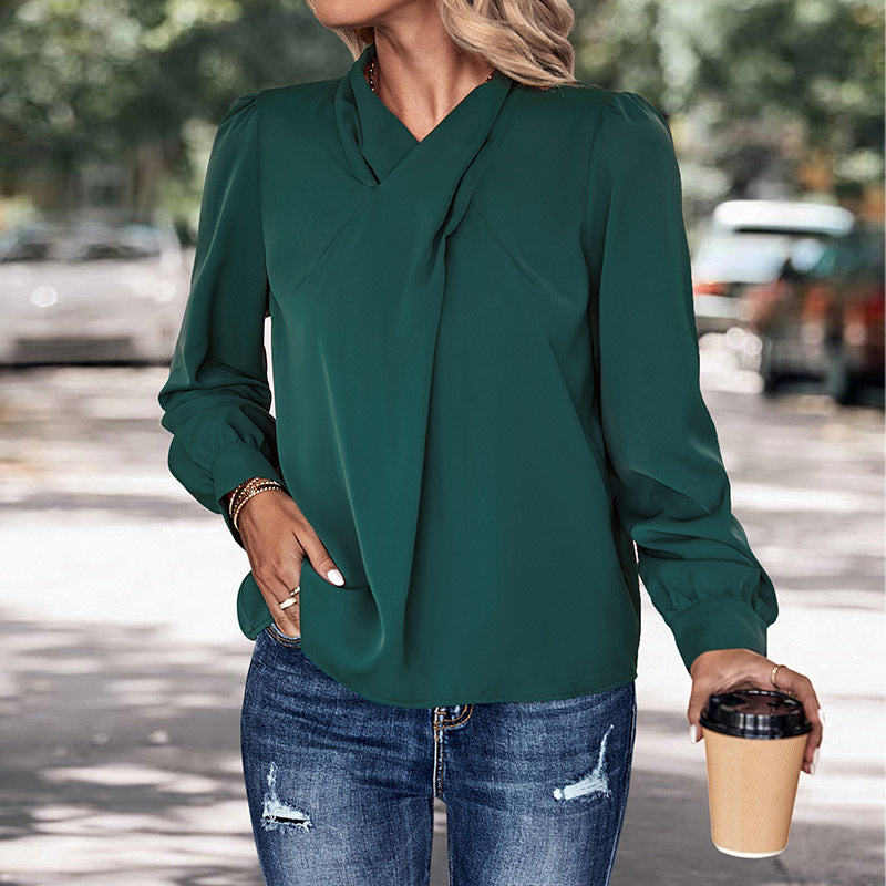 Damen Elegante Chiffon-Bluse mit Schluppe, langen Manschettenärmeln und lockerem Fall Drune