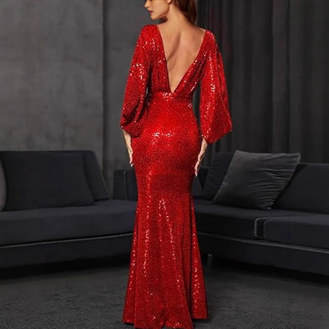 Damen Elegantes Abendkleid mit Pailletten und tiefem V-Ausschnitt Drune