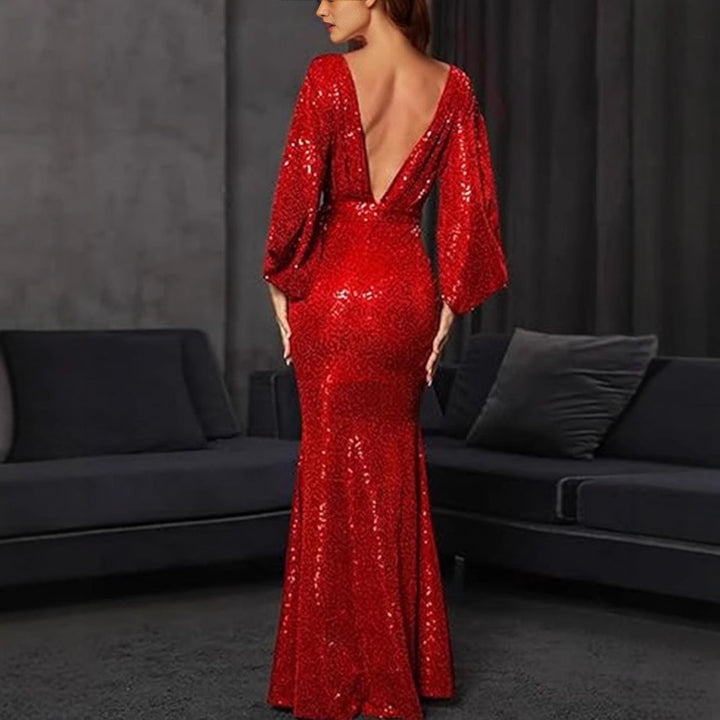 Damen Elegantes Abendkleid mit Pailletten und tiefem V-Ausschnitt Drune