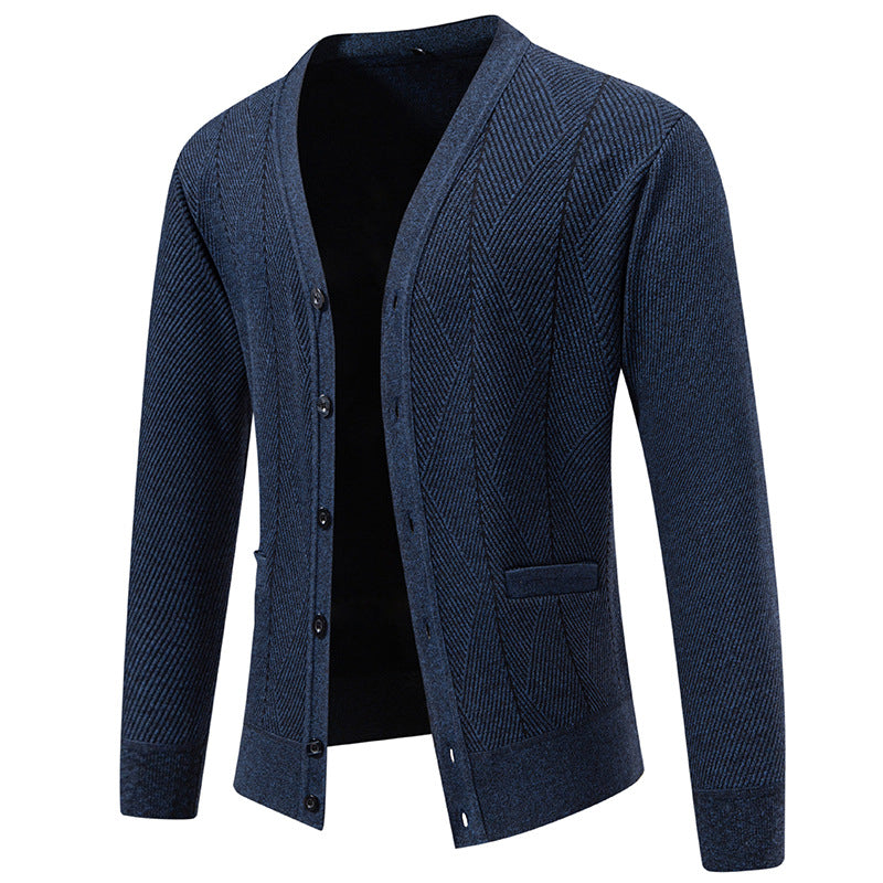 Herren Strukturierter Feinstrick-Cardigan mit Chevron‑Muster, V‑Ausschnitt und Eingrifftaschen Drune