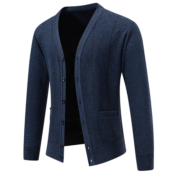 Herren Strukturierter Feinstrick-Cardigan mit Chevron‑Muster, V‑Ausschnitt und Eingrifftaschen Drune