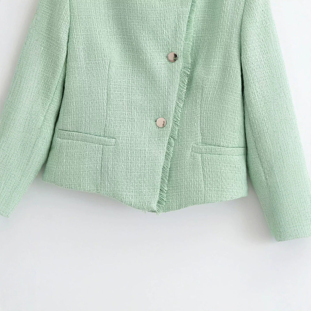 Damen Kurz geschnittene Bouclé-Tweedjacke mit Fransenbesatz und Rundhalsausschnitt Drune