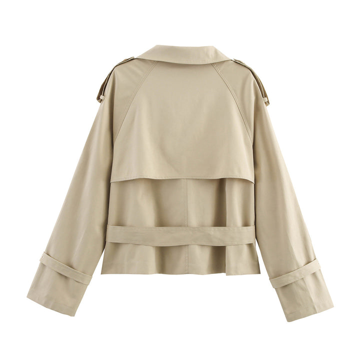 Damen nan kurz geschnittene Trenchjacke mit asymmetrischem Stehkragen, Taillengürtel und Schnallenmanschetten Drune