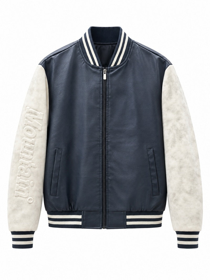Herren Varsity‑Bomberjacke im College‑Stil mit Lederimitatkörper und kontrastierenden Wildlederärmeln Drune