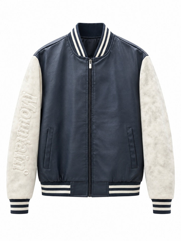 Herren Varsity‑Bomberjacke im College‑Stil mit Lederimitatkörper und kontrastierenden Wildlederärmeln Drune