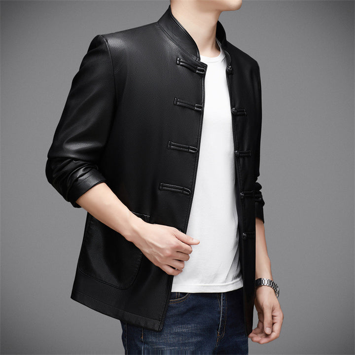 Herren Lederjacke mit asiatischem Stehkragen und praktischen Taschen Drune