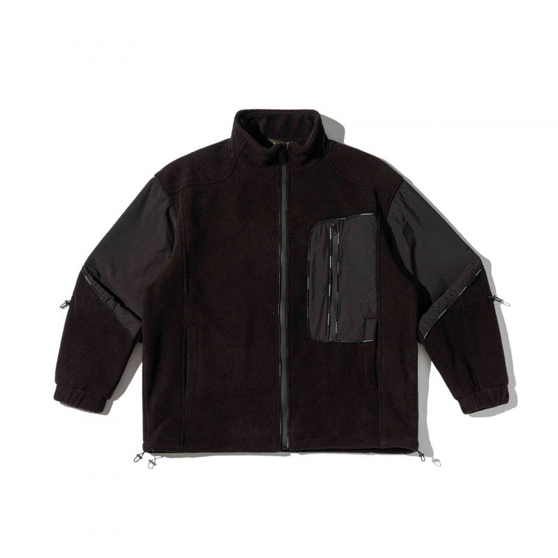 Unisex Oversize-Fleecejacke mit Nylon-Panelen, hohem Stehkragen und Multi-Taschen Drune