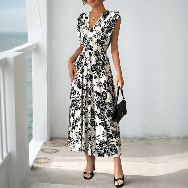 Damen Fließendes Midikleid mit V-Ausschnitt, geraffter Taille und Jacquard‑Struktur Drune