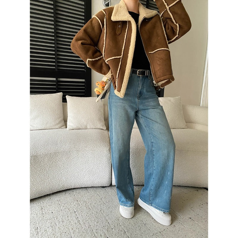 Damen lässige Kunstlederjacke mit samtigem Futter und Kontrastnähten Drune