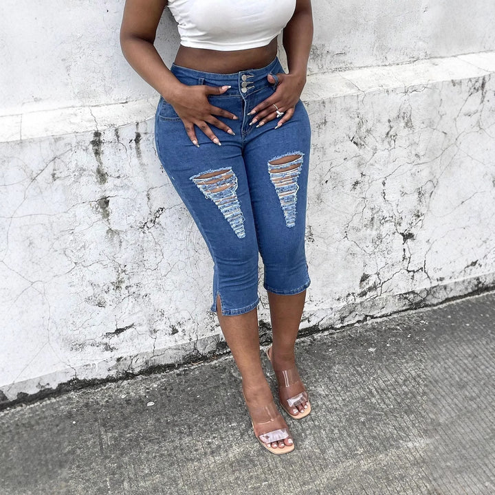 Damen Hochtaillierte, dreiviertellange Stretch-Jeans mit Destroyed-Einsätzen und seitlichem Saumschlitz Drune