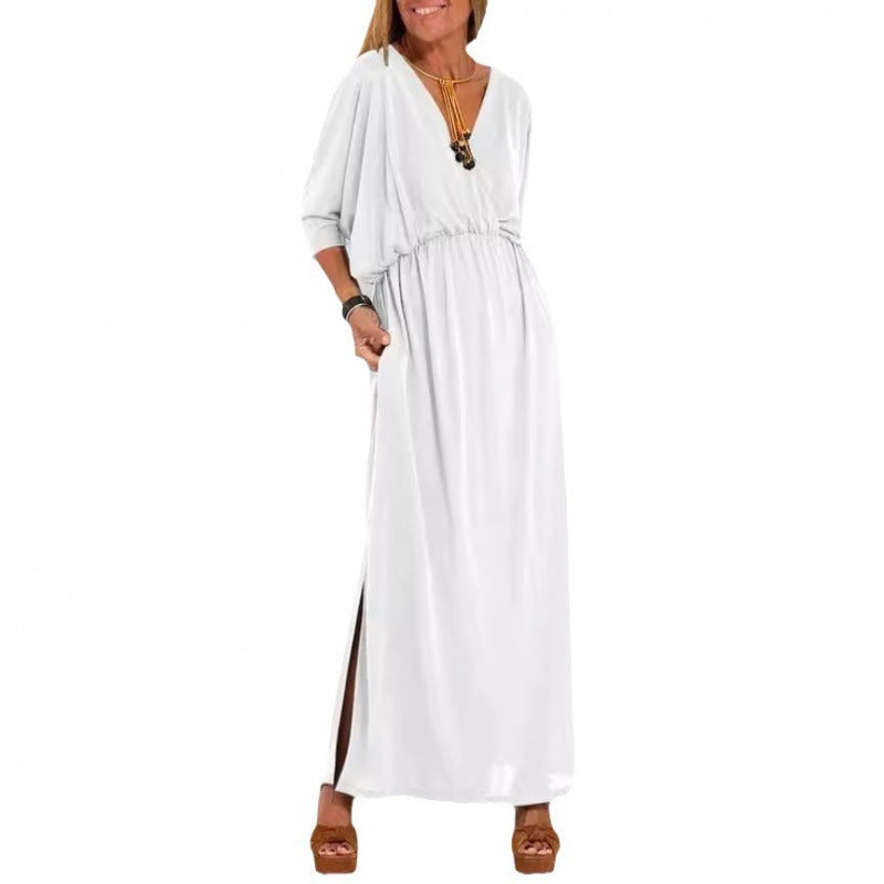Damen lässiges Maxikleid mit V-Ausschnitt und seitlichen Schlitzen Drune