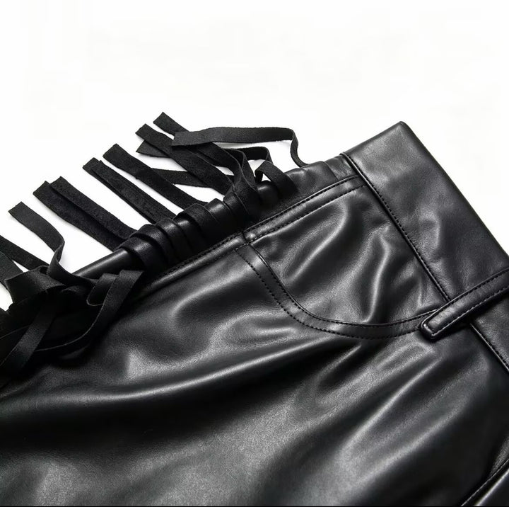 Damen Weite Kunstleder-Culotte mit seitlichen Fransen Drune
