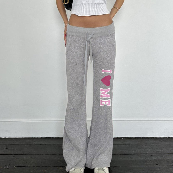 Damen nan weiche Flared-Jogginghose mit Kordelzug, Eingrifftaschen und auffälligem Love-Print Drune