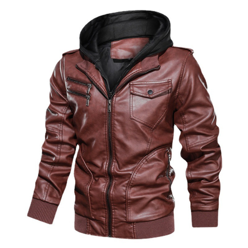 Herren Lederoptik Kapuzenjacke im Bikerstil mit Reißverschlusstaschen und Rippbündchen Drune