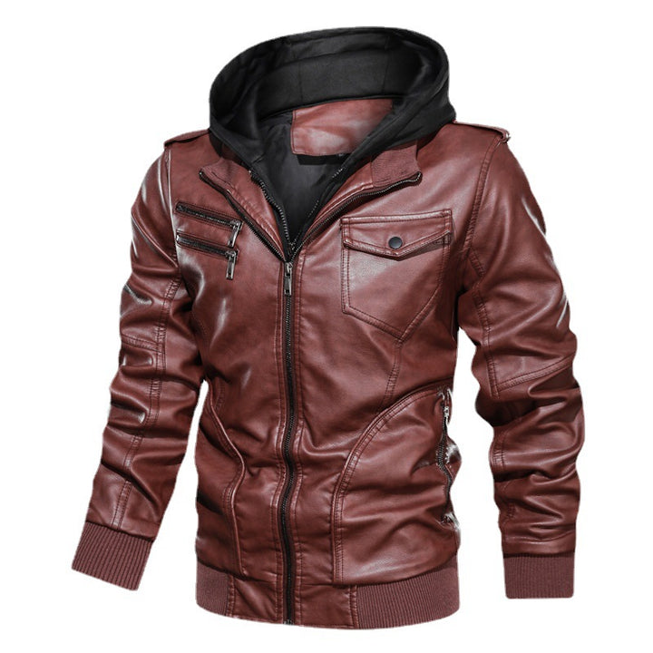 Herren Lederoptik Kapuzenjacke im Bikerstil mit Reißverschlusstaschen und Rippbündchen Drune