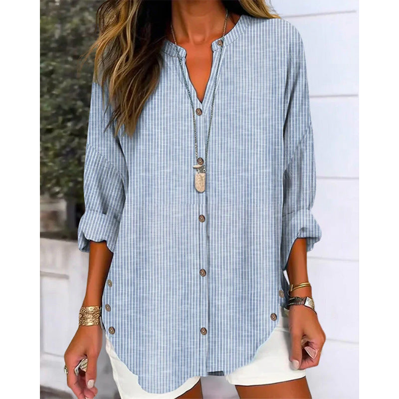 Damen Oversize Leinenlook Tunika Bluse mit Stehkragen und Knopfleiste Drune