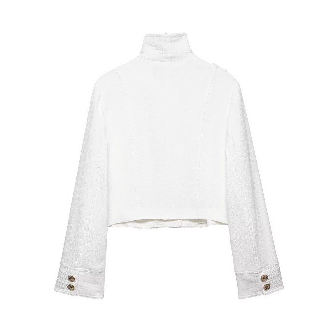 Damen Kurzjacke im Military‑Stil aus Bouclé mit Stehkragen und Zierknopfleiste Drune