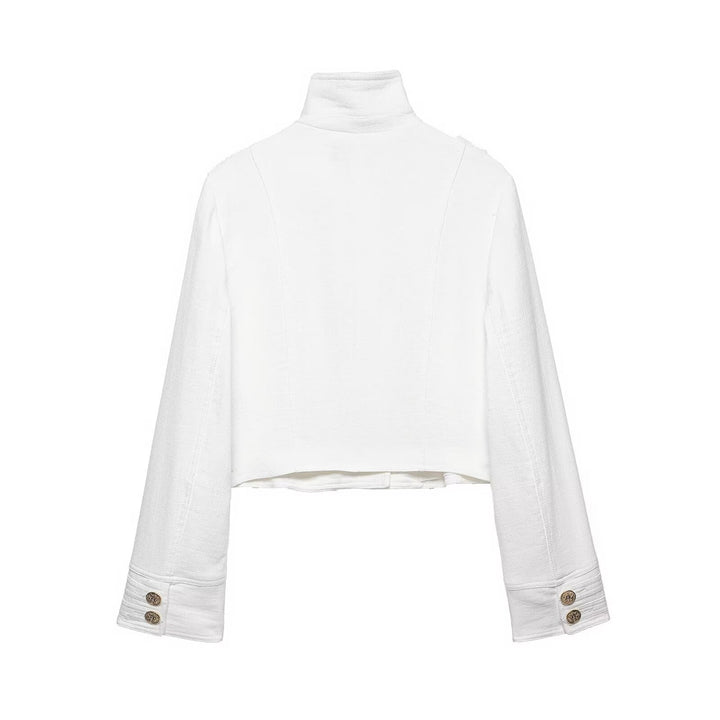 Damen Kurzjacke im Military‑Stil aus Bouclé mit Stehkragen und Zierknopfleiste Drune