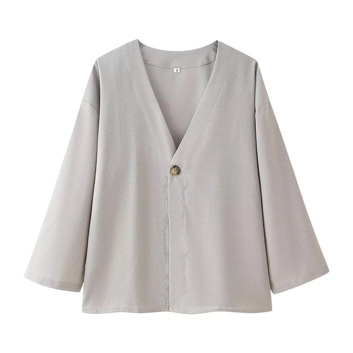 Damen nan lässiges Zweiteiler-Set mit V‑Ausschnitt Bluse und weitem Bundhose Drune