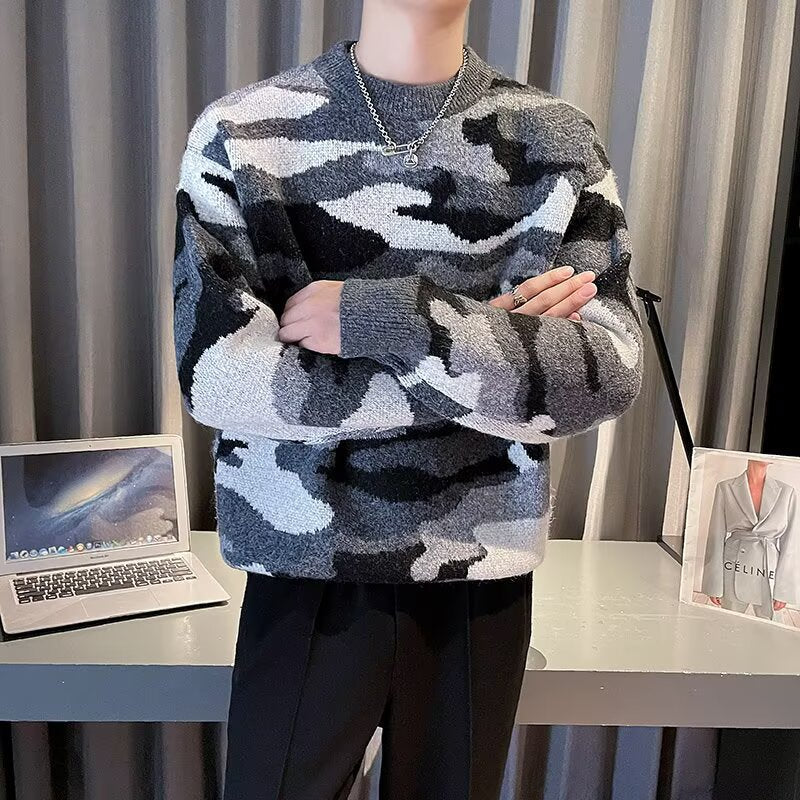 Herren Gemütlicher Grobstrickpullover mit Camouflage-Muster Drune