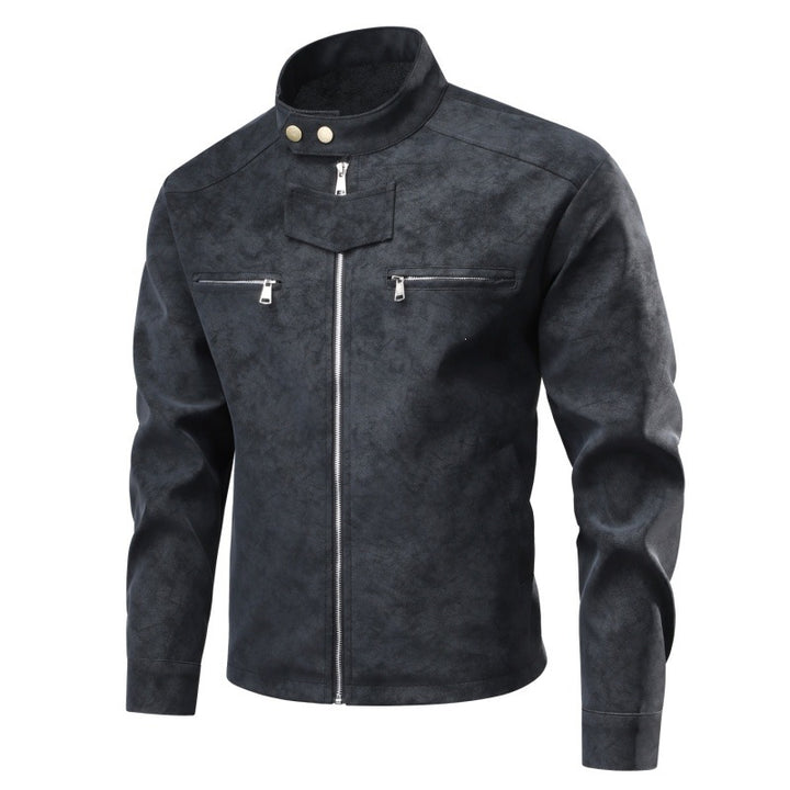 Herren Velourslederoptik-Bikerjacke mit Stehkragen, Brustreißverschlusstaschen & verdeckter Druckknopfblende Drune