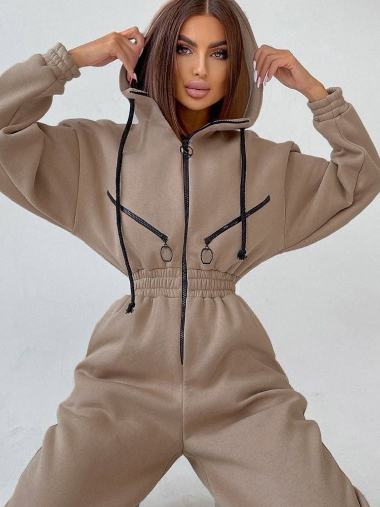 Damen Taillierter Kapuzen-Sweat-Jumpsuit mit Reißverschluss und elastischem Taillenbund Drune