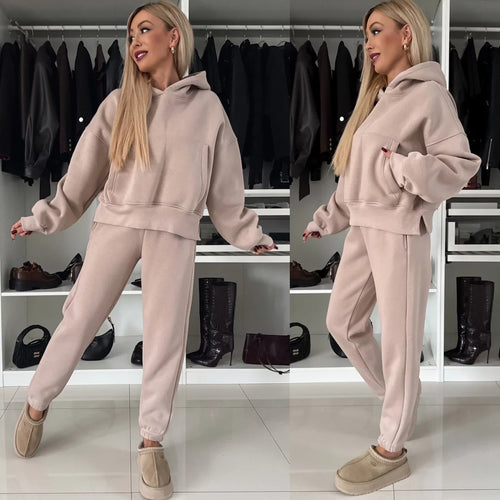 Damen Kurzgeschnittenes Kapuzen-Hoodie und High‑Waist Jogginghose Set aus weichem French-Terry Drune