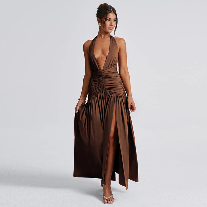 Damen Maxi Kleid mit gerafftem Design und tiefem V-Ausschnitt Drune