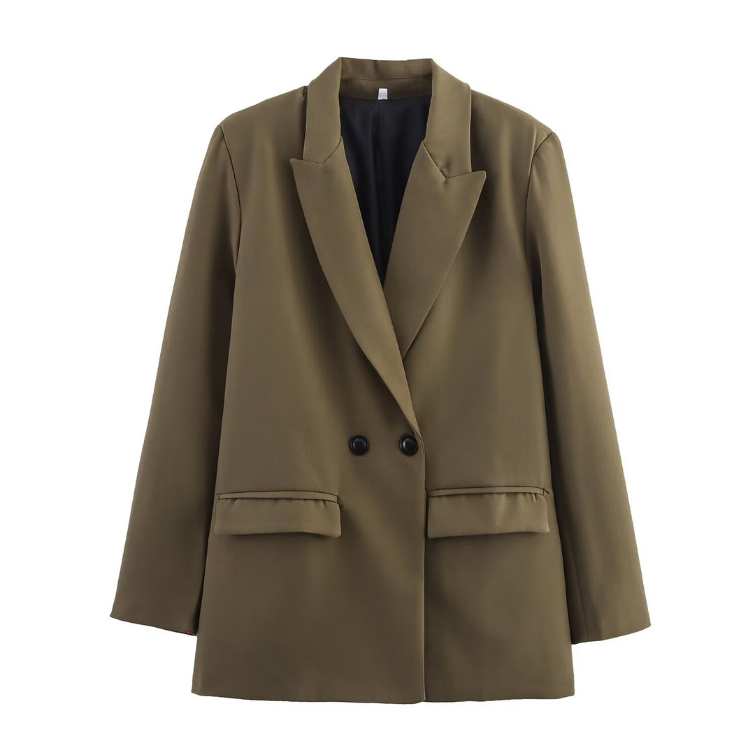 Damen Doppelreiher-Blazer mit Reverskragen, längerem Oversize-Schnitt und Pattentaschen Drune