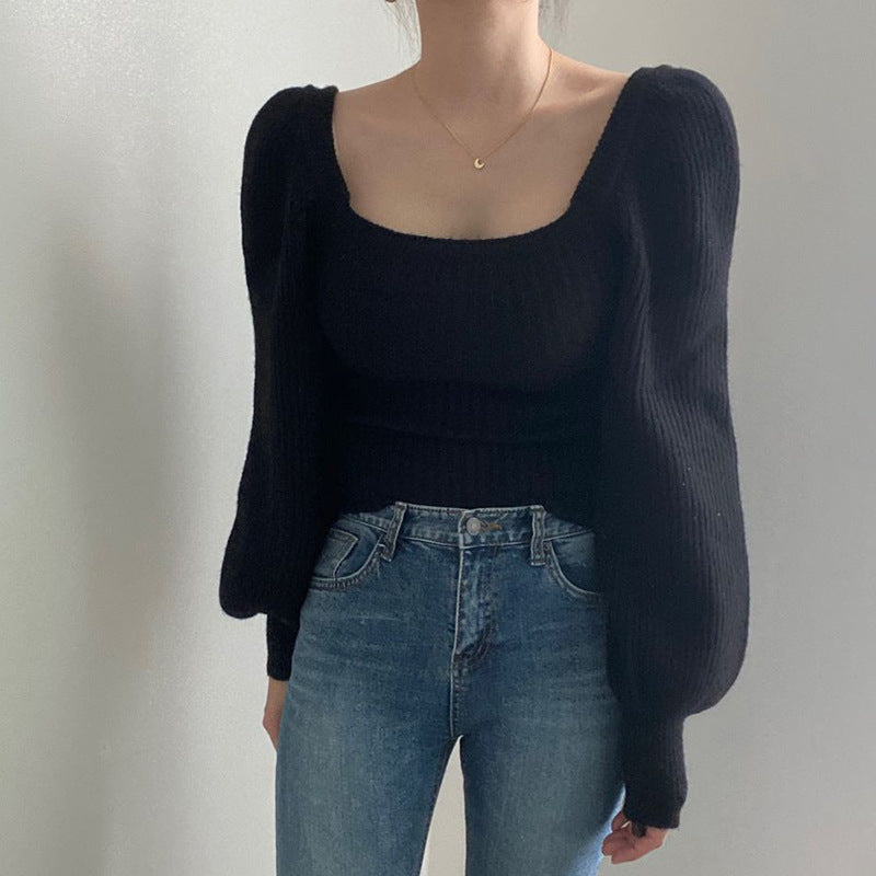 Damen Cropped Pullover mit voluminösen Ärmeln und Rippstruktur Drune
