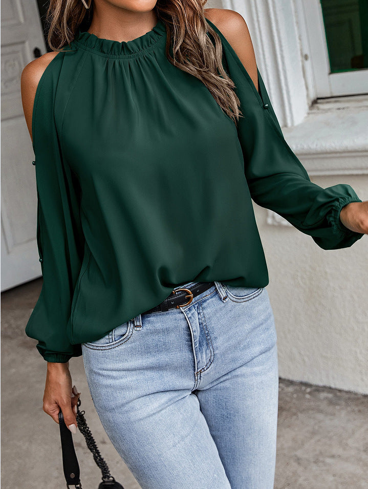 Damen schickes Oberteil mit schulterfreien Einsätzen und eleganten Rüschendetails Drune