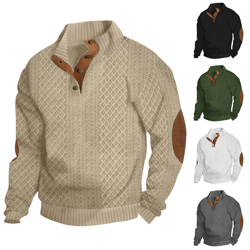 Herren nan grobstrickpullover mit Stehkragen, Knopfleiste und Ellbogenpatches Drune