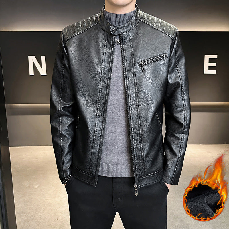 Herren Modische Kunstlederjacke mit praktischem Stehkragen Drune