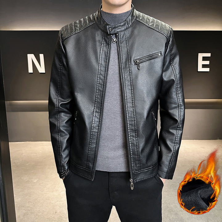 Herren Modische Kunstlederjacke mit praktischem Stehkragen Drune