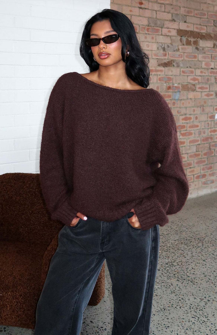 Damen Oversize Bouclé-Pullover mit weitem Boot-Ausschnitt und gerippten Bündchen Drune