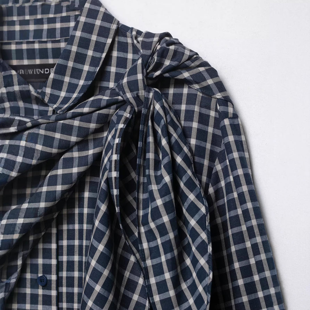 Damen Karierte Bluse mit asymmetrischem Schal‑Drapé und Hemdkragen Drune