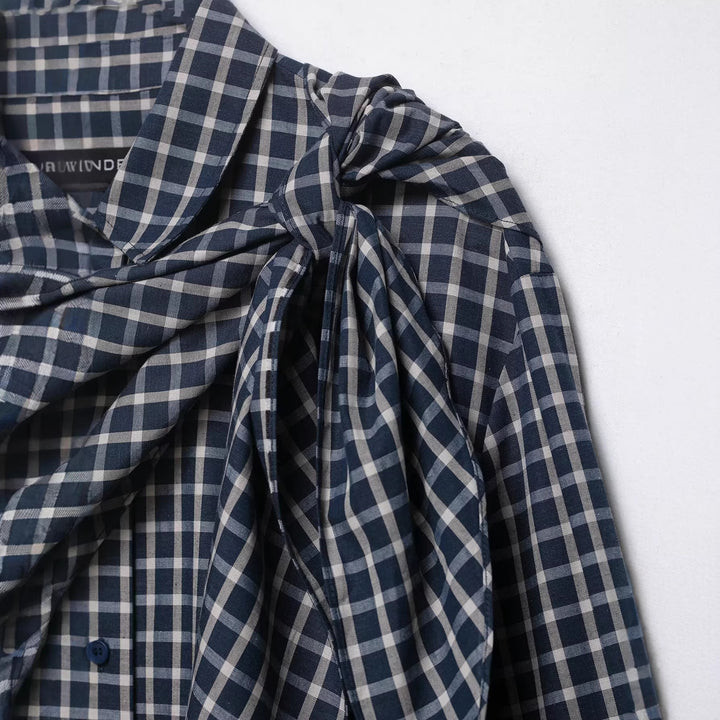 Damen Karierte Bluse mit asymmetrischem Schal‑Drapé und Hemdkragen Drune