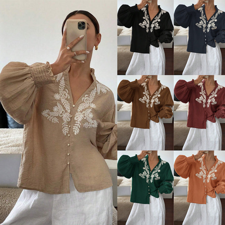 Damen Boho-Bluse mit Puffärmeln, Stickerei und Perlenknöpfen Drune
