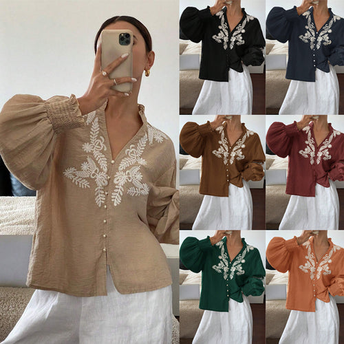 Damen Boho-Bluse mit Puffärmeln, Stickerei und Perlenknöpfen Drune