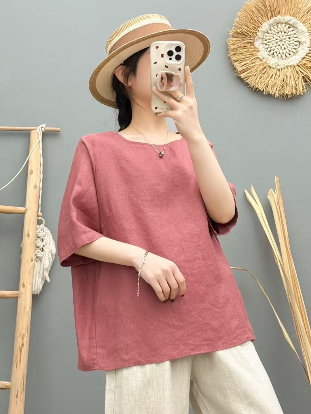 Damen Relaxed Fit Leinen Oversized Top Drune