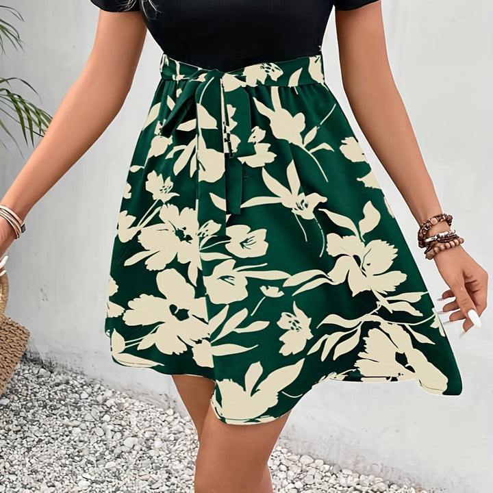 Damen A-Linien Rock mit floralem Design und dekorativem Bindegürtel Drune