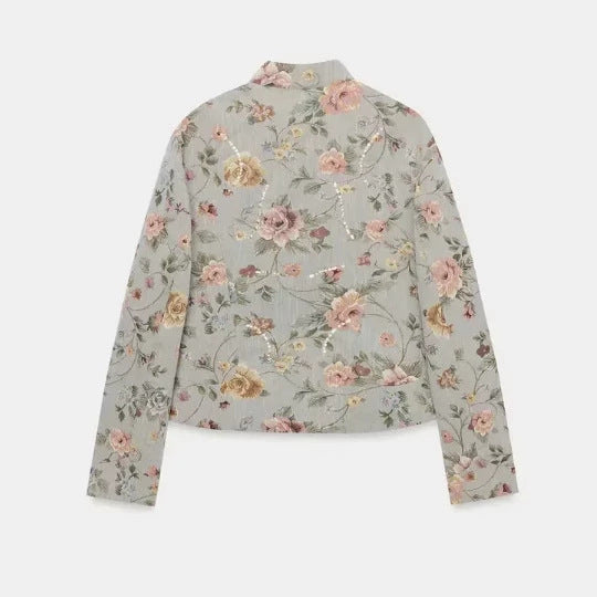 Damen Cropped gesteppte Blousonjacke mit botanischem Blumenprint und Mandarin‑Stehkragen Drune